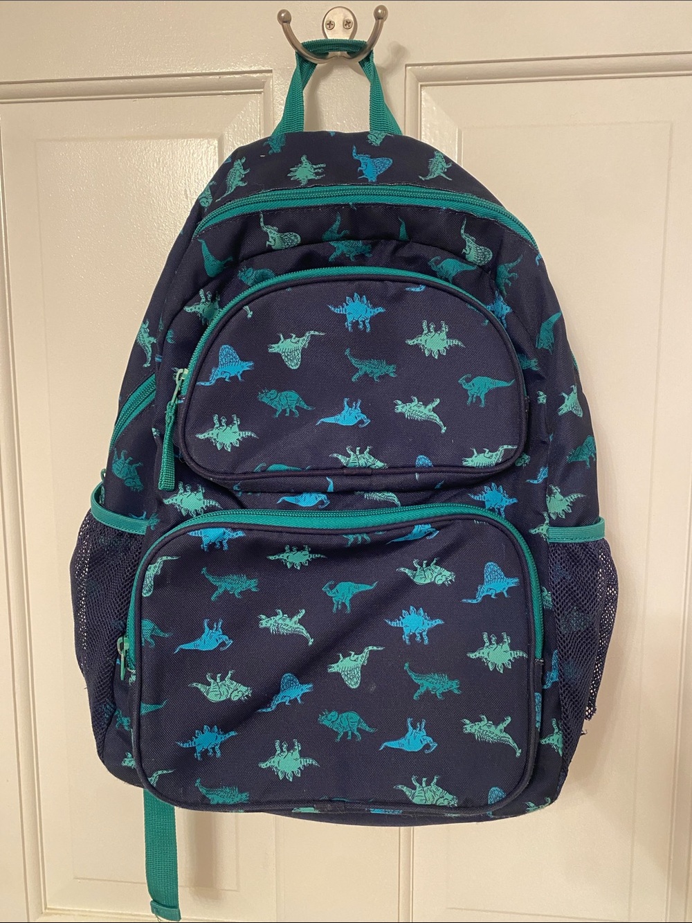 Navy Backpack - Teal Dinosaur Print